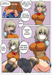 10s 1girl arms_behind_back bdsm binbougami_ga! black_panties black_socks blush bondage bound breasts cloth_gag comic english_text feet gag gagged green_eyes highres improvised_gag jam-orbital kneehighs large_breasts long_hair mouth_stuffed open_mouth over_the_nose_gag panties pantyshot sakura_ichiko school_uniform skirt socks solo_focus sweater_vest tape tape_gag underwear