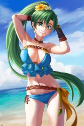 1girl absurdres beach belt bikini blue_bikini blue_sky breasts brown_belt brown_choker choker cleavage commentary cowboy_shot day fire_emblem fire_emblem:_the_blazing_blade fire_emblem_heroes flower green_eyes green_hair grin hair_flower hair_ornament hibiscus highres large_breasts laz_gm long_hair looking_at_viewer lyn_(fire_emblem) lyn_(lady_of_the_beach)_(fire_emblem) navel nintendo ponytail sash seashell shell shell_choker side-tie_bikini_bottom sky smile solo standing strapless strapless_bikini swimsuit tying_hair very_long_hair white_flower yellow_flower yellow_sash