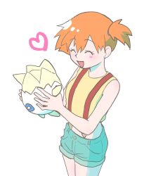 1girl :d asymmetrical_hair bare_arms blush closed_eyes creature denim denim_shorts eyelashes gen_1_pokemon gen_2_pokemon green_shorts gym_leader happy heart holding holding_creature holding_pokemon misty_(pokemon) nintendo open_mouth orange_hair pokemon pokemon_(anime) pokemon_(classic_anime) pokemon_(creature) pokemon_rgby ponytail shirt short_hair short_shorts shorts side_ponytail sleeveless sleeveless_shirt smile solo suspender_shorts suspenders tank_top togepi tongue yellow_shirt