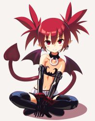 Rule 34 | 1girl, boots, demon girl, demon tail, demon wings, disgaea, etna (disgaea), flat chest, full body, gloves, highres, indian style, looking at viewer, navel, pointy ears, raie l, red eyes, red hair, simple background, sitting, solo, tail, thigh boots, wings