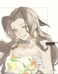 1girl aerith_gainsborough aerith_gainsborough_(citric_dress) art_program_in_frame bare_arms bare_shoulders breasts brown_hair cleavage dress earrings final_fantasy final_fantasy_vii final_fantasy_vii_ever_crisis food-themed_earrings food_print food_themed_earrings fruit_print green_eyes green_ribbon gura_62 hair_ribbon half_updo highres jewelry light_blush long_hair looking_at_viewer medium_breasts official_alternate_costume orange-shaped_earrings orange_print parted_bangs print_dress ribbon sidelocks silver_belt silver_choker smile solo upper_body very_long_hair