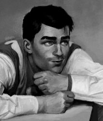 1boy absurdres arcane:_league_of_legends arcane_jayce beard_stubble clenched_hands closed_mouth commentary crossed_arms english_commentary facial_hair greyscale highres jayce_(league_of_legends) layered_clothes league_of_legends long_sleeves looking_up male_focus monochrome short_hair shuploc sideburns smile solo stubble thick_eyebrows twitter_username upper_body vest