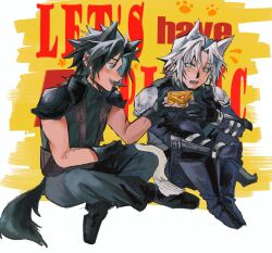 2boys animal_ears armor black_gloves black_hair blue_eyes blush boots cat_boy cat_ears cat_tail dull_flranks english_text final_fantasy final_fantasy_vii final_fantasy_vii_ever_crisis food gloves green_eyes grey_hair highres holding holding_food kemonomimi_mode looking_at_another male_focus multiple_boys open_mouth pauldrons paw_print sephiroth sephiroth_(ever_crisis) short_hair shoulder_armor sitting sleeveless sleeveless_turtleneck slit_pupils smile tail turtleneck wolf_ears wolf_tail yaoi zack_fair