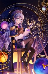 1girl ahoge alternate_costume alternate_hairstyle aquarius_(symbol) aries_(symbol) bad_id bad_pixiv_id black_ribbon black_shoes black_thighhighs book braid cancer_(symbol) capelet capricorn_(symbol) chair collared_shirt commentary_request constellation elsword epaulettes fingernails french_braid gemini_(symbol) glasses globe hair_between_eyes hair_ornament hair_ribbon hat highres holding holding_book holding_pencil hugging_object jewelry leo_(symbol) libra_(symbol) lium long_hair long_sleeves looking_at_viewer miniskirt open_mouth pencil pisces_(symbol) planetarium purple_capelet purple_eyes purple_hair purple_hat purple_skirt ribbon sagittarius_(symbol) scorpio_(symbol) shirt shoes sidelocks sitting skirt smile solo star_(sky) striped_clothes striped_skirt taurus_(symbol) telescope thighhighs twintails virgo_(symbol) white_shirt yuria_(elsword) zodiac