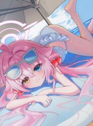 1girl absurdres ahoge ass beach beach_umbrella bikini blue-tinted_eyewear blue_archive blue_eyes blush chii_(k_ung) closed_mouth eyewear_on_head frilled_bikini frills hair_bobbles hair_ornament halo heterochromia highres hoshino_(blue_archive) hoshino_(swimsuit)_(blue_archive) long_hair looking_at_viewer low_twintails lying official_alternate_costume on_stomach outdoors pink_hair pink_halo smile solo summer sunglasses swimsuit tinted_eyewear twintails umbrella very_long_hair white-framed_eyewear white_bikini yellow_eyes