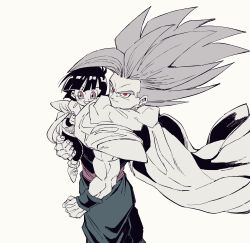 1boy 1girl black_hair blunt_bangs cape child dougi dragon_ball dragon_ball_super dragon_ball_super_super_hero father_and_daughter from_above furrowed_brow gohan_beast grey_hair grin highres living_(nsiring) long_hair muscular muscular_male pan_(dragon_ball) red_eyes short_hair smile son_gohan toriyama_akira_(style) white_background white_cape