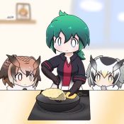 3girls animal_ears animated black_hair black_jacket blinking blouse blurry blurry_background brown_eyes brown_hair commentary cooking depth_of_field eurasian_eagle_owl_(kemono_friends) flipping_food food frying_pan fur_collar gloves green_eyes green_hair hand_to_own_mouth hat unworn_hat head_wings unworn_headwear jacket kaban_(kemono_friends) kemono_friends kemono_friends_2 long_hair looping_animation multicolored_hair multiple_girls northern_white-faced_owl_(kemono_friends) photo_(object) ponytail red_shirt rice shelf shirt short_hair smile spatula stove table taro_(tontaro) video white_hair window wings yellow_eyes