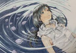 1girl amano_hina_(tenki_no_ko) black_hair colored_pencil_(medium) crying hood hoodie in_water jewelry katsu_(24791909) long_hair low_twintails necklace orange_tank_top petals petals_on_liquid solo streaming_tears tank_top tears tenki_no_ko traditional_media twintails white_hoodie