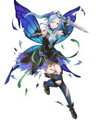 Rule 34 | 1girl, black thighhighs, blue eyes, blue hair, blue wings, blush, breasts, bridal gauntlets, bug, butterfly, butterfly wings, clenched teeth, closed mouth, dagger, damaged, detached sleeves, dress, fairy wings, fire emblem, fire emblem fates, fire emblem heroes, flora (fire emblem), flora (resplendent) (fire emblem), flower, gloves, hair flower, hair ornament, headdress, highres, holding, holding dagger, holding knife, holding weapon, insect, insect wings, knife, large breasts, long hair, long sleeves, maid, maid headdress, nima (niru54), nintendo, non-web source, official alternate costume, official art, one eye closed, solo, teeth, thighhighs, torn clothes, transparent background, twintails, weapon, wings