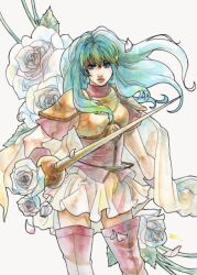 1girl armor blue_eyes boots cape come-sta commentary_request earrings eirika_(fire_emblem) fire_emblem fire_emblem:_the_sacred_stones floral_background holding holding_sword holding_weapon jewelry long_hair nintendo parted_lips skirt solo sword thigh_boots weapon