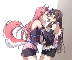 2girls against_wall animal_ears bamboo9545 blue_eyes blush bow brown_hair ceri_(sakura_dungeon) commission commissioner_upload embarrassed eye_contact folding_fan fox_ears fox_tail green_eyes hair_bow hand_fan hand_on_wall highres japanese_clothes kimono looking_at_another multiple_girls non-web_source sakura_dungeon tail yomi_(sakura_dungeon) yuri