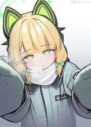 1girl absurdres animal_ear_headphones animal_ears aqua_coat artist_name blonde_hair blue_archive blunt_bangs blush bow breath cat_ear_headphones cat_ears closed_mouth coat commentary eyes_visible_through_hair fake_animal_ears gradient_background green_bow green_eyes green_halo green_mittens hair_bow halo headphones highres hood hooded_coat kabanoki long_sleeves looking_at_viewer low-tied_sidelocks meme midori_(blue_archive) midori_(winter)_(blue_archive) mittens multicolored_coat official_alternate_costume parted_bangs pixiv_logo pov_cheek_warming_(meme) reaching reaching_towards_viewer scarf sidelocks simple_background smile solo steam text_print twitter_logo twitter_username upper_body white_background white_coat white_scarf winter_clothes zipper zipper_pull_tab