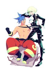 2boys aqua_eyes ascot baggy_pants belt black_bodysuit black_boots black_gloves blue_hair bob_cut bodysuit boots closed_mouth full_body galo_thymos gloves green_hair hair_between_eyes hand_on_own_hip highres leaning_on_person lio_fotia looking_at_another male_focus multiple_boys open_mouth pants promare purple_eyes red_pants short_hair smile solthrys spiked_hair studded_belt thigh_belt thigh_strap topless_male trap white_ascot white_background