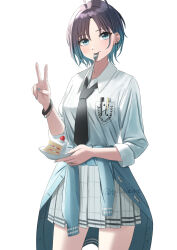 1girl ahoge asakura_toru black_necktie blue_cardigan blue_hair blue_nails bracelet breast_pocket cake cardigan cardigan_around_waist clothes_around_waist commentary ear_piercing earrings food fork grey_hair grey_skirt highres idolmaster idolmaster_shiny_colors jewelry long_hair looking_at_viewer multicolored_hair nail_polish necktie parted_bangs piercing plaid_clothes plaid_skirt pleated_skirt pocket ritug36k shirt simple_background skirt solo three-quarter_sleeves two-tone_hair utensil_in_mouth v very_long_hair white_background white_shirt