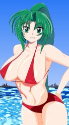 1girl arm_behind_back bikini breasts cleavage green_eyes green_hair grin highres higurashi_no_naku_koro_ni large_breasts legs long_hair navel ponytail pool red_bikini sideboob smile solo sonozaki_mion swimsuit teeth thighs toned water