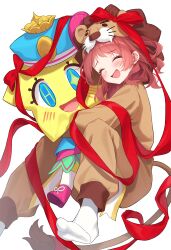 1girl :d ^_^ animal_costume blush bow brown_hair chobi_(penguin_paradise) closed_eyes commentary_request gakuen_idolmaster hanami_saki highres hood hood_up idolmaster lion_costume no_shoes open_mouth red_bow red_ribbon ribbon simple_background smile socks solo white_background white_socks