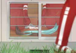 3girls aqua_tail back blurry blurry_foreground brown_tail commentary_request from_behind grass grate head_out_of_frame highres holding_hands horse_girl horse_tail intertwined_tails jacket long_sleeves multiple_girls nishino_flower_(umamusume) pants red_jacket red_pants sango0707315 seiun_sky_(umamusume) sitting tail through_window tracen_training_uniform track_suit umamusume wooden_floor yuri