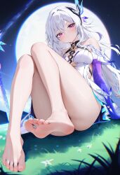 Rule 34 | 1girl, absurdres, bare shoulders, barefoot, blush, breasts, butterfly hair ornament, closed mouth, dress, feet, genshin impact, hair between eyes, hair ornament, highres, knees up, long hair, looking at viewer, medium breasts, on grass, pink eyes, prosthesis, prosthetic arm, purple hands, radoremo, sitting, skirk (genshin impact), soles, solo, thick thighs, thighs, toe seam, toes, very long hair, white dress, white hair