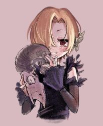 1girl a_ichi animal_skull black_dress blonde_hair blush dress hair_over_one_eye holding holding_skull idolmaster idolmaster_cinderella_girls red_eyes shirasaka_koume short_hair skull smile solo upper_body