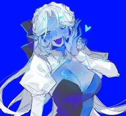 1girl black_bow black_dress blue_background bow breasts cookie_run cookie_run:_kingdom dress fructoseies hair_bow juliet_sleeves large_breasts long_hair long_sleeves looking_at_viewer open_mouth pointy_ears puffy_sleeves shadow_milk_cookie shadow_milk_cookie_(female) shrug_(clothing) sidelocks simple_background smile solo strapless strapless_dress very_long_hair white_hair white_shrug