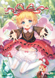 2girls :d amo_(shibu3) black_shirt blonde_hair bloomers blue_eyes blush bow commentary_request flower hair_bow hair_ribbon head_tilt lily_of_the_valley long_sleeves looking_at_viewer medicine_melancholy multiple_girls open_mouth outstretched_arms pantyhose pink_bow puffy_long_sleeves puffy_sleeves red_bow red_footwear red_ribbon red_skirt ribbon shirt shoes signature sitting skirt smile su-san touhou underwear wariza white_bloomers white_flower white_legwear