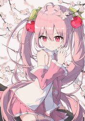 1girl absurdres ahoge anleewind cherry_blossoms cowboy_shot detached_sleeves food-themed_hair_ornament frilled_shirt frills grin hair_ornament hatsune_miku highres miku_day necktie pink_eyes pink_hair pink_necktie pink_skirt pink_sleeves sakura_miku shirt skirt sleeveless sleeveless_shirt smile solo strawberry_hair_ornament teeth vocaloid white_shirt