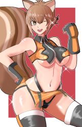 Rule 34 | 1girl, animal ears, blazblue, breasts, brown eyes, brown hair, fingerless gloves, gloves, hand on own hip, large breasts, makoto nanaya, microskirt, one eye closed, samebousii, short hair, skirt, sleeveless, squirrel ears, squirrel tail, tail, teeth, thighhighs, underboob, upper teeth only, wink