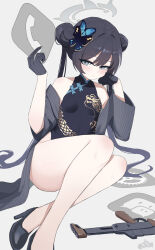 1girl absurdres bare_shoulders between_fingers black_dress black_gloves black_hair black_shoes blue_archive braid breasts butterfly_hair_ornament china_dress chinese_clothes closed_mouth commentary_request cs/ls06 double_bun dress gloves grey_background grey_eyes grey_jacket gun hair_between_eyes hair_bun hair_ornament half_gloves halo hands_up high_heels highres holding hui_yu_yu_yu_ye jacket kisaki_(blue_archive) light_smile loli long_sleeves looking_at_viewer off_shoulder open_clothes open_jacket shoes simple_background sitting sleeveless sleeveless_dress small_breasts solo thighs twintails weapon