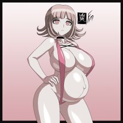 Rule 34 | 1girl, absurdres, breasts, choker, cleavage, curvy, danganronpa (series), danganronpa 2: goodbye despair, female focus, fungus-man, hand on own hip, highres, huge breasts, large breasts, looking at viewer, matching hair/eyes, nanami chiaki, navel, pink eyes, pink hair, pregnant, short hair, simple background, slingshot swimsuit, solo, swimsuit, thick thighs, thighs