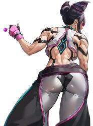 1girl absurdres back black_hair candy choker food from_behind from_below hair_horns highres holding holding_candy holding_food holding_lollipop lollipop looking_back pants solo spiked_choker spikes standing street_fighter street_fighter_6 toned toned_female yagi_(joe731842)