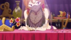 1girl animated animated_gif armlet ass ass_shake bikini bikini_top_only breast_press breasts circlet cleavage earrings female_focus jewelry large_breasts loincloth long_hair lowres mahoujin_guruguru necklace orange_hair purple_eyes see-through_clothes shop smile solo swimsuit veil