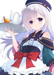 Rule 34 | 1girl, :&lt;, apron, aqua sleeves, arm at side, bare shoulders, beret, black corset, black skirt, blue bow, blue bowtie, blush, bow, bowtie, braid, center frills, cinnamon stick, closed mouth, commentary request, corset, cowboy shot, cup, detached sleeves, eyes visible through hair, floating hair, frilled apron, frilled shirt, frilled sleeves, frills, from below, frown, green scrunchie, grey hair, hair behind ear, hair between eyes, hair ornament, hair scrunchie, hand up, hat, highres, holding, holding tray, huge bow, long hair, long sleeves, looking at viewer, mashiro-chan (nanatsu (na na tsu)), nanatsu (na na tsu), one side up, original, red bow, red eyes, scrunchie, shirt, sidelocks, simple background, single braid, skirt, sleeveless, sleeveless shirt, solo, sweatdrop, tea, teacup, teapot, tray, twitter username, waist apron, white apron, white background, white shirt, wide sleeves, yellow brooch
