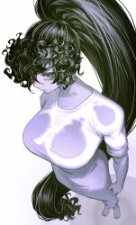 1girl absurdly_long_hair absurdres arms_at_sides barefoot black_hair breasts clenched_hand colored_skin dress foreshortening full_body grey_skin hair_over_one_eye high_ponytail highres large_breasts long_hair looking_to_the_side muscular muscular_female perspective ponytail pungson_mori see-through_clothes solid_circle_eyes solo the_ring tight_clothes very_long_hair white_background white_dress yamamura_sadako