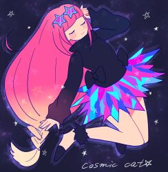 Rule 34 | 1girl, beatmania iidx, beatmania iidx 22 pendual, bemani, black sweater, blush stickers, closed eyes, closed mouth, drop shadow, eyelashes, eyewear on head, full body, long hair, long sleeves, low-tied long hair, mizushiro celica, pikara, pink hair, skirt, smile, solo, song name, star-shaped eyewear, star (symbol), sweater, very long hair, white footwear