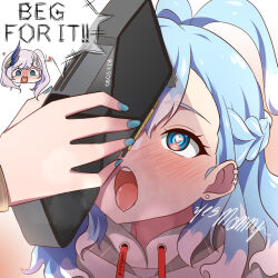 2girls blue_eyes blue_hair blue_nails blush braid commentary drawstring english_commentary english_text geforce_rtx_5080 graphics_card half_up_braid heart heart-shaped_pupils holding hololive hololive_indonesia kobo_kanaeru long_hair multiple_girls open_mouth pavolia_reine phallic_symbol snkagawa symbol-shaped_pupils tongue tongue_out virtual_youtuber