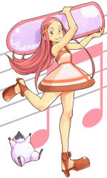 00s 1girl :d anemone_(eureka_seven) arms_up bare_legs bare_shoulders blush creature dress eureka_seven eureka_seven_(series) female_focus full_body grin gulliver_(eureka_seven) holding long_hair long_legs looking_at_viewer mannen_hitsu open_mouth pink_dress pink_hair simple_background smile solo surfboard teeth very_long_hair white_background