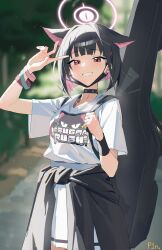 1girl absurdres animal_ears black_hair black_mask blue_archive cat_ears commentary extra_ears halo hashtag-only_commentary highres kazusa_(band)_(blue_archive) kazusa_(blue_archive) looking_at_viewer mask medium_hair mouth_mask multicolored_hair official_alternate_costume p1n pink_eyes pink_hair pink_halo shirt skirt solo thighs two-tone_hair v white_shirt white_skirt