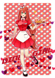 Rule 34 | 1girl, absurdres, blush, border, breasts, brown hair, food, french fries, full body, glass, green eyes, hat, highres, holding, holding tray, iris (mega man), large breasts, long hair, mega man (series), mega man x (series), red background, red hat, red shirt, red skirt, rikka (user hruv2435), shirt, simple background, skirt, solo, tray, white border