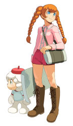 Rule 34 | 00s, bag, blue eyes, boots, braid, cloud (marshmallow times), go robots, marshmallow times, orange hair, poster (object), sandy (marshmallow times), shoulder bag, simple background, standing, twin braids, white background
