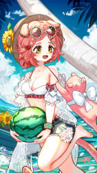 Rule 34 | 1girl, absurdres, animal ears, arknights, barefoot, black shorts, breasts, brown hat, cat ears, cat girl, cat tail, cleavage, eyewear on head, food, fruit, goldenglow (arknights), goldenglow (summer flowers) (arknights), hat, highres, holding, holding food, holding fruit, holding watermelon, kourou (kouroukun), medium breasts, official alternate costume, open mouth, pink cat, pink hair, round eyewear, short hair, short shorts, shorts, solo, sunglasses, tail, toes, watermelon, yellow eyes