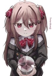 Rule 34 | 1girl, ahoge, artist name, black cardigan, bow, bowtie, broken heart hair ornament, brown hair, buttons, cardigan, closed mouth, collared shirt, commentary, dress shirt, english commentary, evil neuro-sama, hair between eyes, hair ornament, hair ribbon, heart button, highres, holding, long hair, long sleeves, looking at viewer, neuro-sama, off-shoulder cardigan, plasma globe, red bow, red bowtie, red eyes, red ribbon, ribbon, shirt, simple background, skull hair ornament, solo, soulgluttony, upper body, vedal ai, white background, white shirt