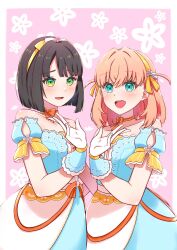 Rule 34 | 2girls, :d, aqua eyes, bare shoulders, black hair, blue dress, blunt bangs, blunt ends, blush, bob cut, border, bow, bow choker, celebration! (love live!), choker, collarbone, commentary, cowboy shot, detached sleeves, dress, floral background, flower hands duo, gloves, green eyes, hair intakes, hairband, highres, hinoshita kaho, link! like! love live!, love live!, mano 409, medium hair, momose ginko, multiple girls, official alternate costume, open mouth, orange bow, orange choker, orange hair, outside border, pink background, puffy short sleeves, puffy sleeves, short sleeves, smile, strapless, strapless dress, two side up, virtual youtuber, white border, white gloves, yellow hairband