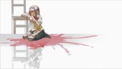1girl absurdres akemi_homura black_hair black_hairband black_skirt black_thighhighs blood bow bowtie closed_eyes full_body hairband highres juliet_sleeves long_hair long_sleeves mahou_shoujo_madoka_magica mahou_shoujo_madoka_magica_(anime) mitakihara_school_uniform moieko pleated_skirt puffy_sleeves red_bow red_bowtie sad school_uniform simple_background sitting skirt solo thighhighs wariza white_background