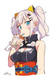 Rule 34 | 1girl, absurdres, arm at side, bad id, bad twitter id, bare shoulders, black dress, blue eyes, breasts, bubble tea, cleavage, cleavage cutout, cloba, clothing cutout, covered erect nipples, cropped torso, cup, d-pad, d-pad hair ornament, disposable cup, dress, drinking, drinking straw, grey hair, hair ornament, hairclip, hand up, high collar, highres, holding, holding cup, impossible clothes, impossible dress, kaguya luna, looking at viewer, medium breasts, medium hair, obi, ribbon, sash, sideways glance, signature, simple background, sleeveless, sleeveless dress, solo, the moon studio, twintails, upper body, virtual youtuber, white background, wrist ribbon