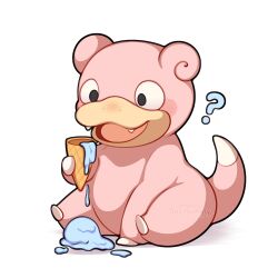 Rule 34 | ?, absurdres, animal focus, blush, fangs, food, full body, gen 1 pokemon, highres, holding, holding food, holding ice cream, ice cream, melting ice cream, nintendo, no humans, open clothes, open mouth, pokemon, pokemon (creature), pokemon focus, sevi (seviyummy), simple background, slowpoke, smile, solo, tail, white background