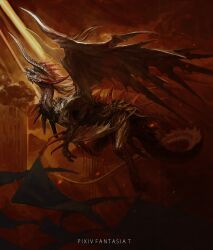 Rule 34 | animal focus, aokarasu punko, blue eyes, claws, commentary request, copyright name, dragon, flag, flying, from side, full body, highres, horns, light rays, monster, multiple horns, multiple wings, no humans, open mouth, original, pillar, pixiv fantasia, pixiv fantasia t, profile, red horns, scales, smoke, solo, tail, western dragon, wings