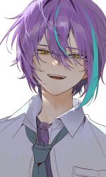 1boy absurdres aqua_hair blue_necktie breast_pocket collar collared_shirt crew_neck double-parted_bangs hair_between_eyes highres hikentai3 kamishiro_rui male_focus multicolored_hair necktie open_clothes open_mouth open_shirt pocket project_sekai purple_hair purple_shirt school_uniform shirt short_hair simple_background solo streaked_hair teeth two-tone_hair upper_body upper_teeth_only white_background white_collar yellow_eyes