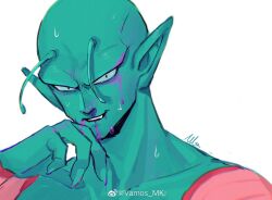 Rule 34 | 1boy, antennae, bald, blood, chinese commentary, close-up, colored skin, commentary request, dragon ball, green skin, highres, looking at viewer, male focus, piccolo, pointy ears, purple blood, signature, simple background, smile, solo, sweat, upper body, vamos mk, white background