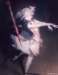 1girl absurdres black_flower breasts camellya_(wuthering_waves) chromatic_aberration collar collarbone commentary dress flower from_side hair_flower hair_ornament hair_vines highres leggings looking_at_viewer mooofoo open_mouth outstretched_arms shoes short_hair short_twintails sideless_dress small_breasts smile solo sword tacet_mark_(wuthering_waves) twintails weapon white_collar white_dress white_eyes white_hair white_leggings white_shoes wuthering_waves