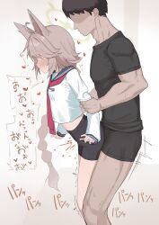1boy 1girl absurdres animal_ears bike_shorts blue_archive blush brown_hair fox_ears fox_girl green_halo halo heart highres long_braid long_sleeves makura_u9b otogi_(blue_archive) school_uniform sensei_(blue_archive) serafuku sex sex_from_behind simple_background speech_bubble spoken_heart